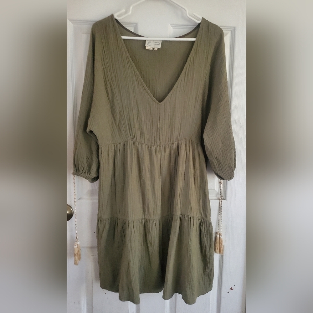 Anthropology Saturday Sunday Vneck Olive Green Womans Dress, Size Medium